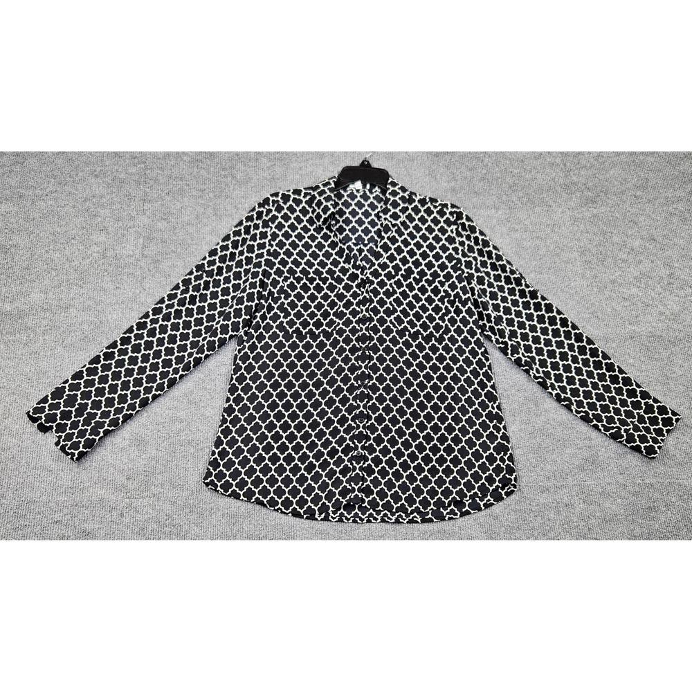 Express Womens Large Black White Quatrefoil Roll Tab Sleeve Button Down Shirt